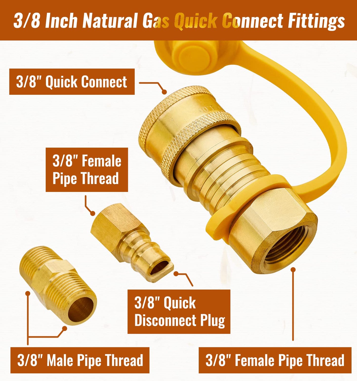 CALPOSE 3/8 Inch Natural Gas Quick Connect Fittings, 100% Solid Brass LP Gas Propane Hose Quick Disconnect Kit