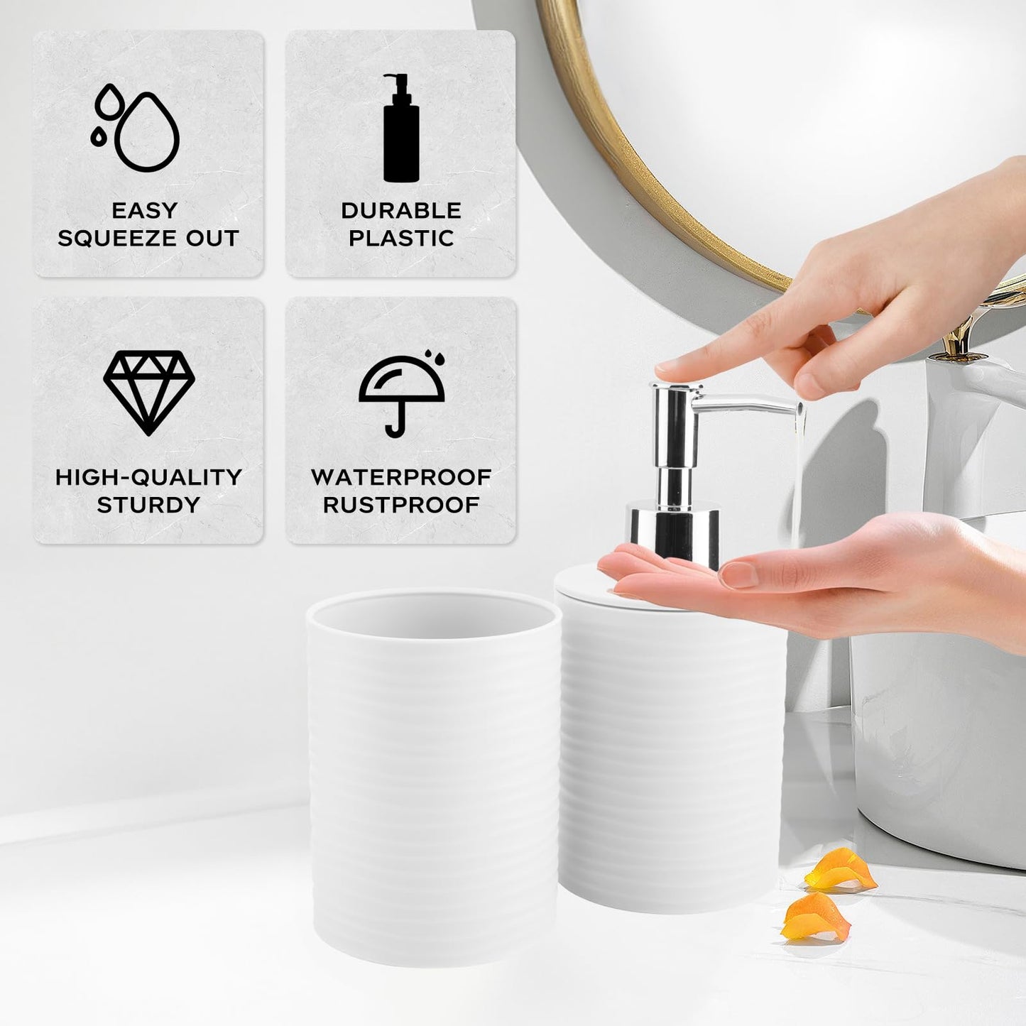 RRM Bathroom Accessory Set, White Bathroom Set for Modern Bathroom Decor