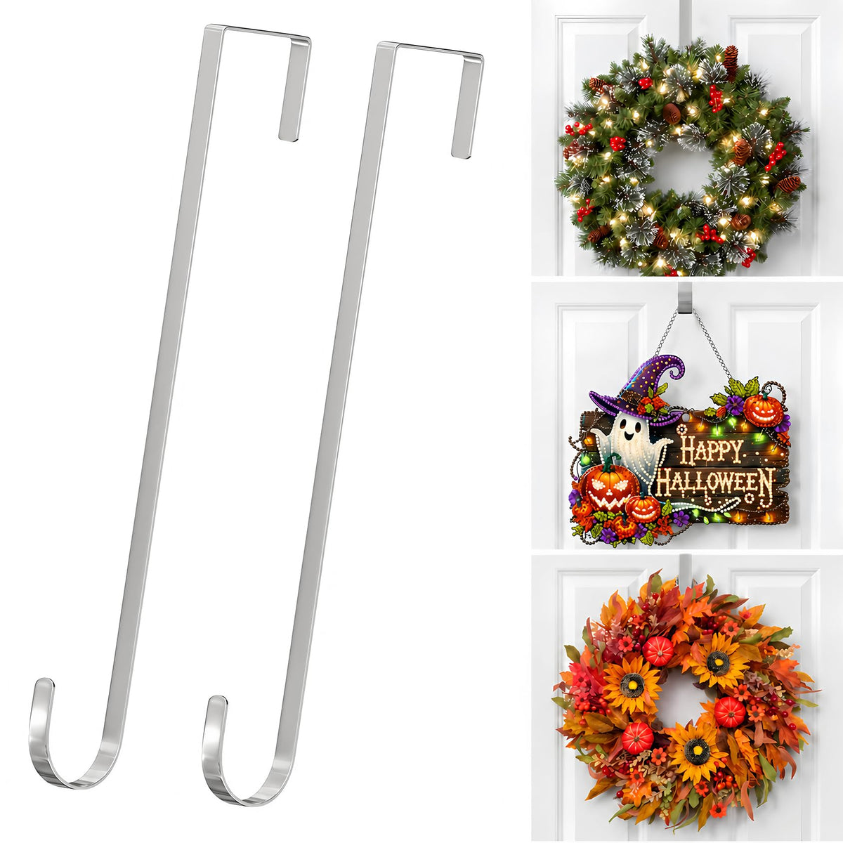 2 Pack Wreath Hangers for Front Door Christmas Decor, Over the Door Hooks