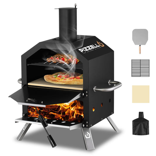 Pizzello Outdoor Pizza Oven Wood Fired 2-Layer Pizza Ovens Outside Pizza Maker with Stone, Pizza Peel, Cover,Removable Cooking Rack for Camping Backyard BBQ (Black)