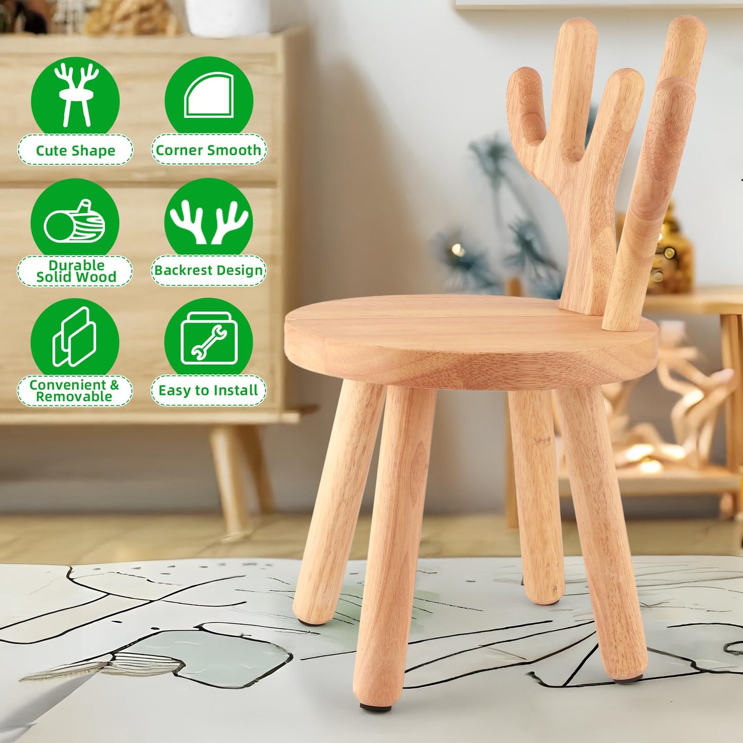 Wooden Toddler Chair, Kids Step Stool & Kids Chair for Table, 1-6 Years Solid Rubber Wood Desk Chair with Deer Antlers Backrest, CPC Certified, Safe & Sturdy for Home Playroom Classroom（1 Pack）