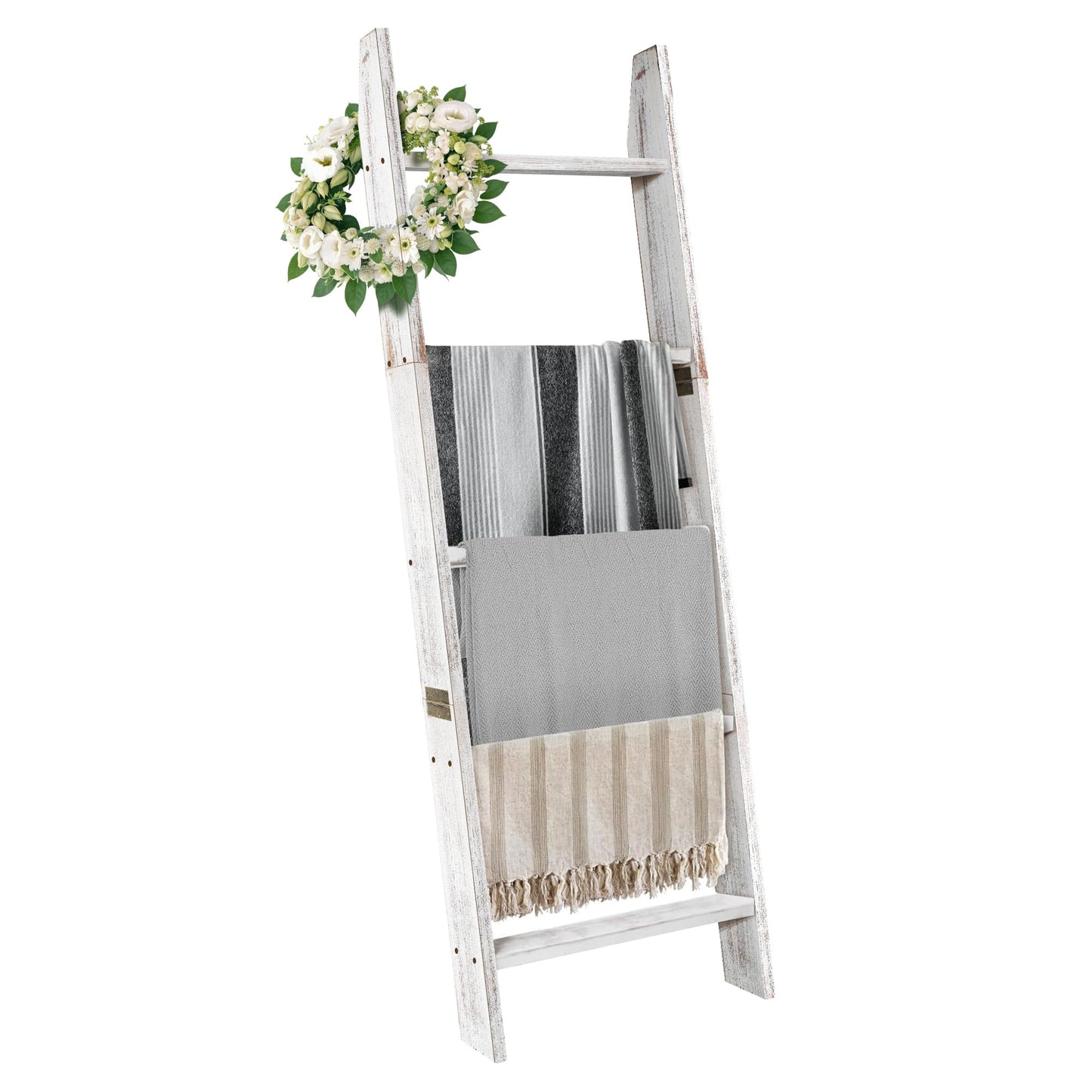 Honest Blanket Ladders for the Living Room, 5-Tier Blanket Holder, Wall-Leaning Blanket Rack, Ladder Shelves, Wooden Quilt Ladder, Farmhouse Decor, White