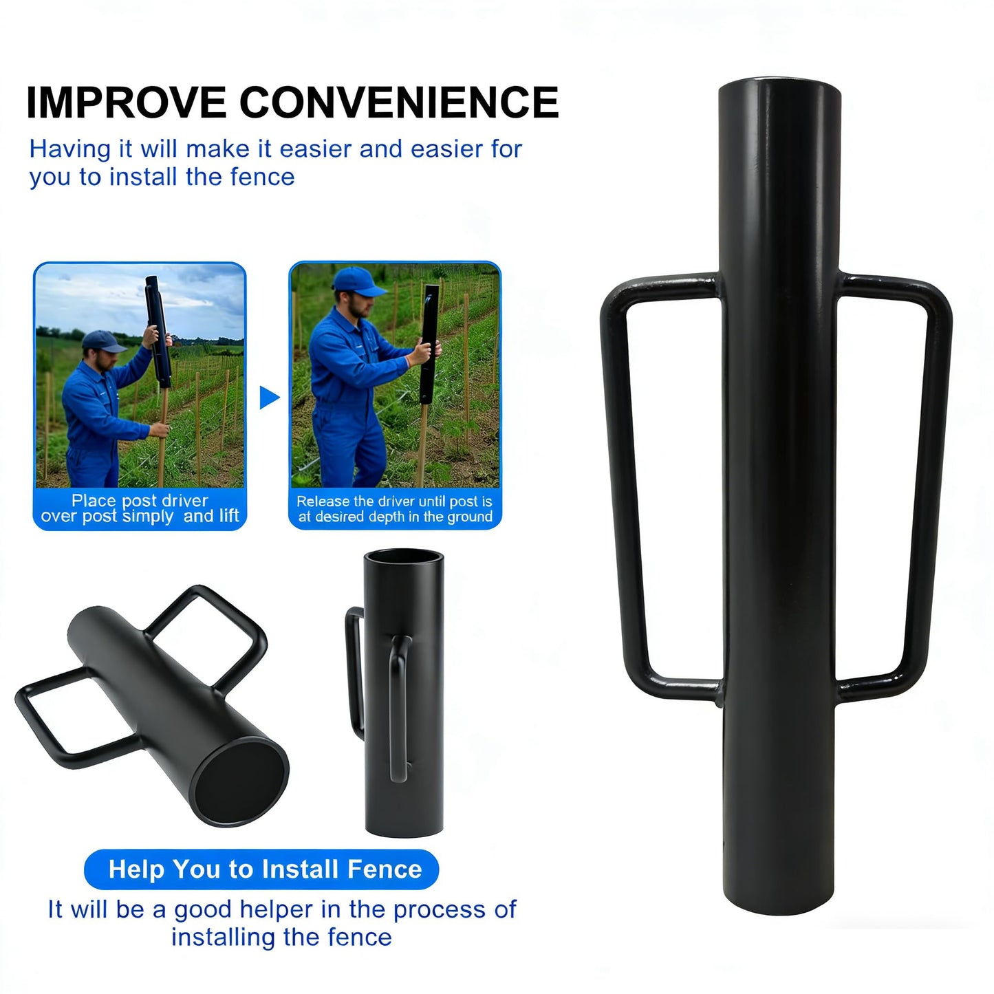 MTB Garden 1Pack 16 Inch Black Fence Post Driver with Handle 18 LB Steel T Post Pounder Portable Hand Post Rammer for Wooden Posts U Channels Fence Posts,16 Inch Post Pounder Good for Small Projects