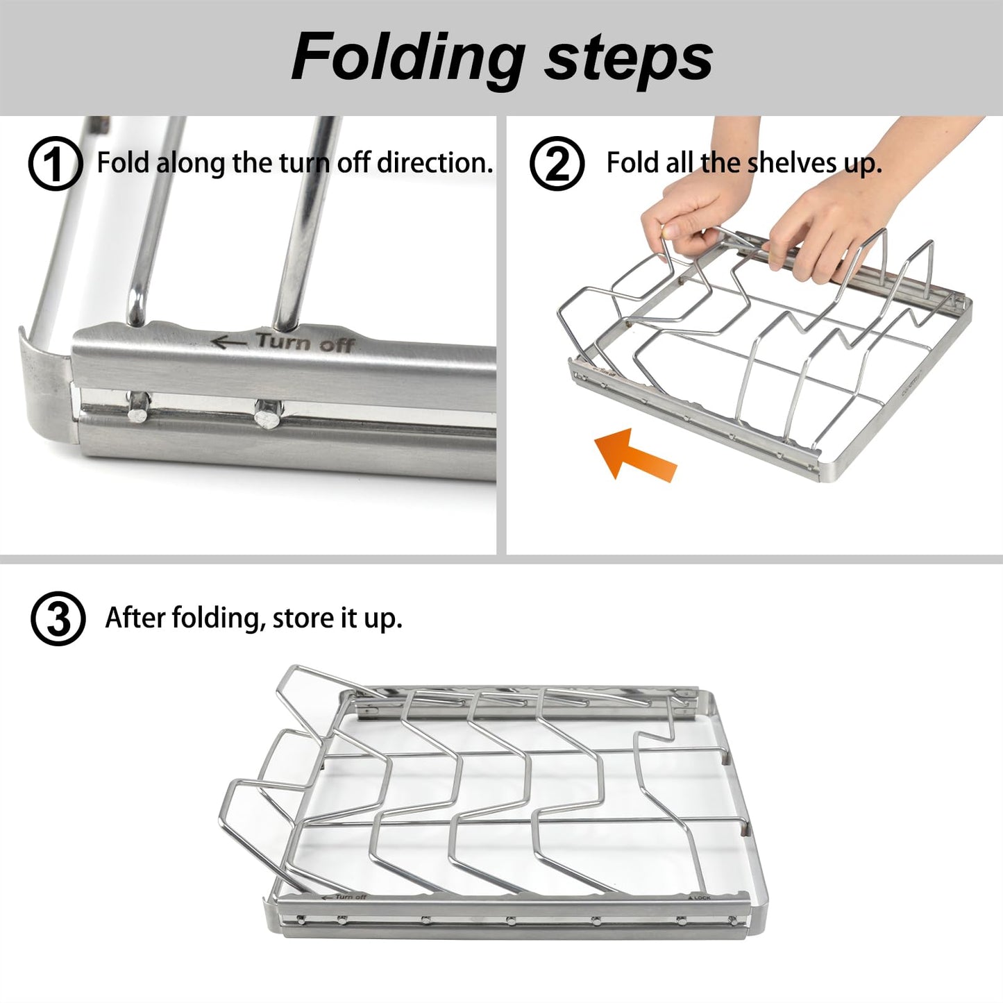 COPOTTEY Foldable Rib Rack for Smoking, Stainless Steel 10 in Rib Rack with 2 Meat Shredder Claws, and Black PP Tray, Perfect for Grilling, Smoking, and Serving, BBQ Accessories