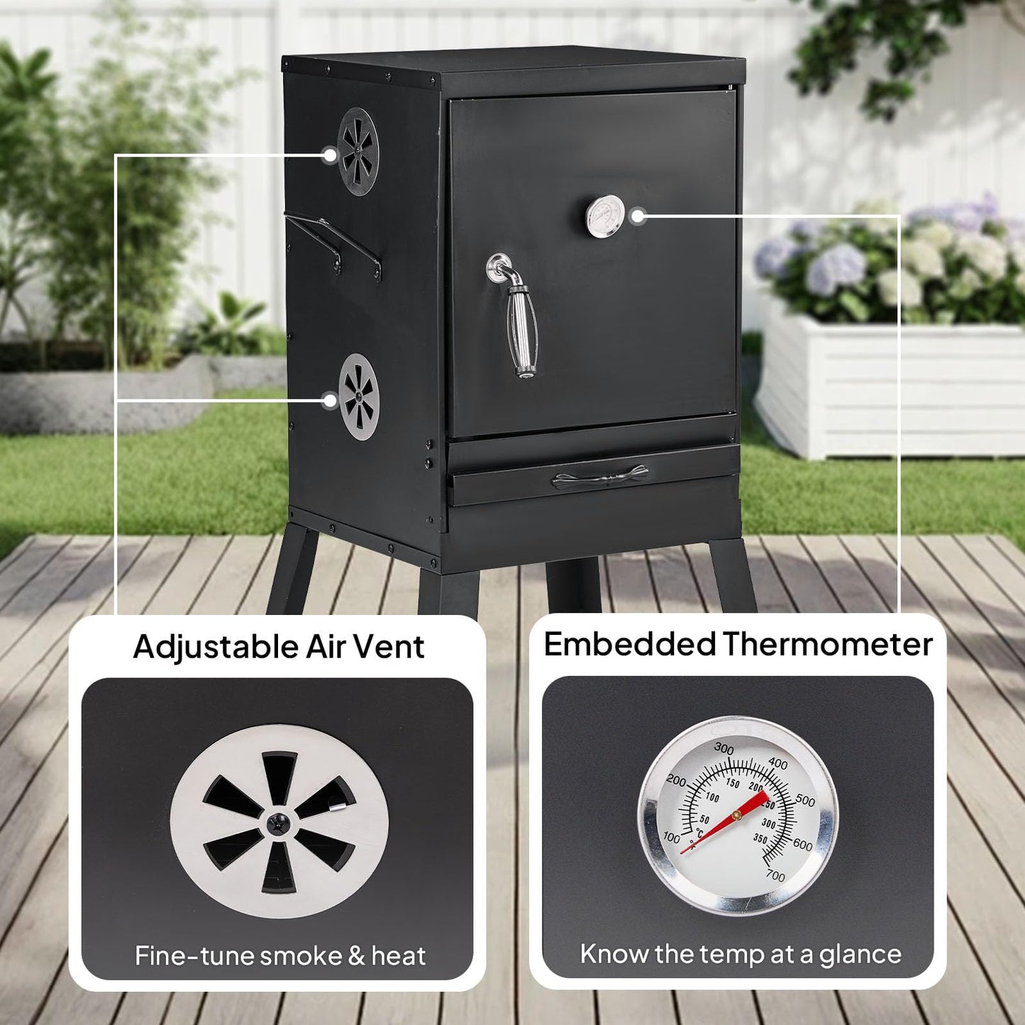 ROVSUN 2-in-1 Outdoor Smoker, Vertical Portable Charcoal Grill Smoker with Two Detachable Grill Smoking Racks and Charcoal Pan, Perfect for Camping Barbecue, Small Families, Black