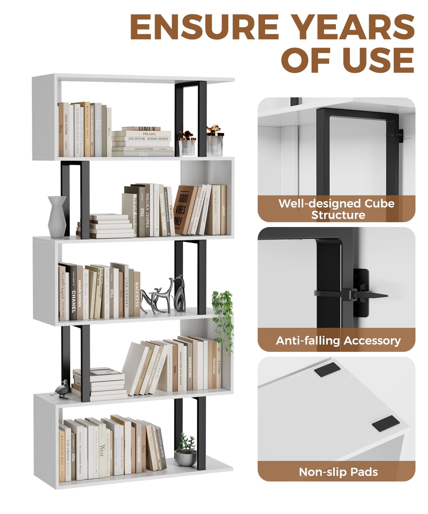 Gadroad 5 Tier Geometric Bookcase,S Shaped Bookshelf, Wood Decorative Storage Shelving, Modern Freestanding Display Shelves, Tall Book Shelf Unit for Living Room Bedroom, White