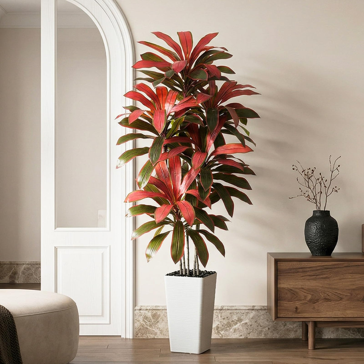 TNGGNT Artificial Dracaena Tree: 5FT Fake Plants Silk Faux Trees（White Pot）