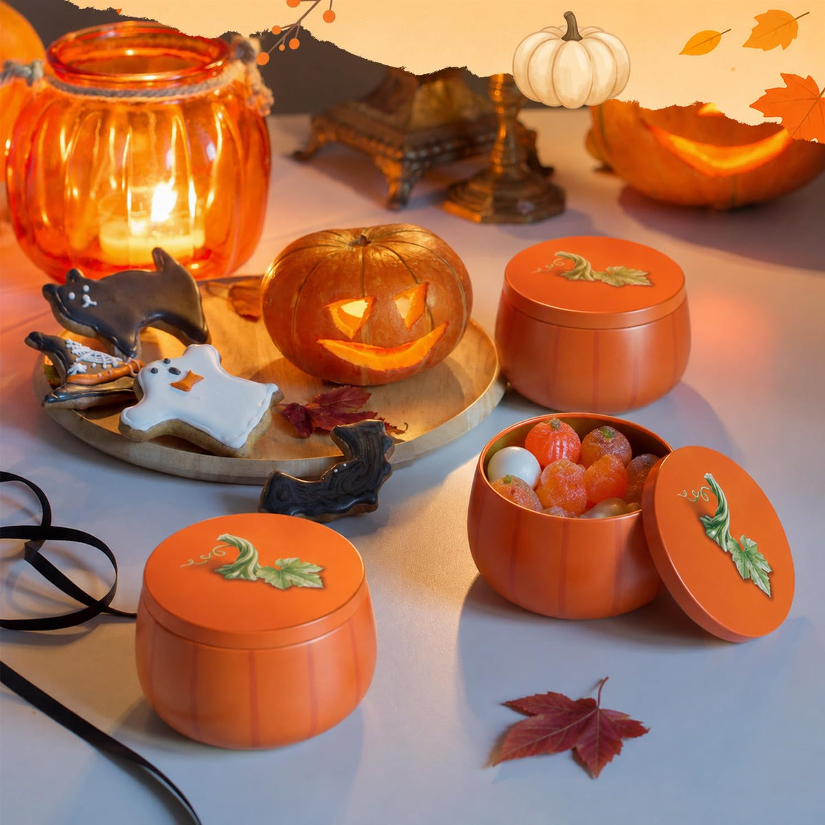 Yungyan 6 Pcs Pumpkin Metal Cookie Candle Tins with Lids 8 oz