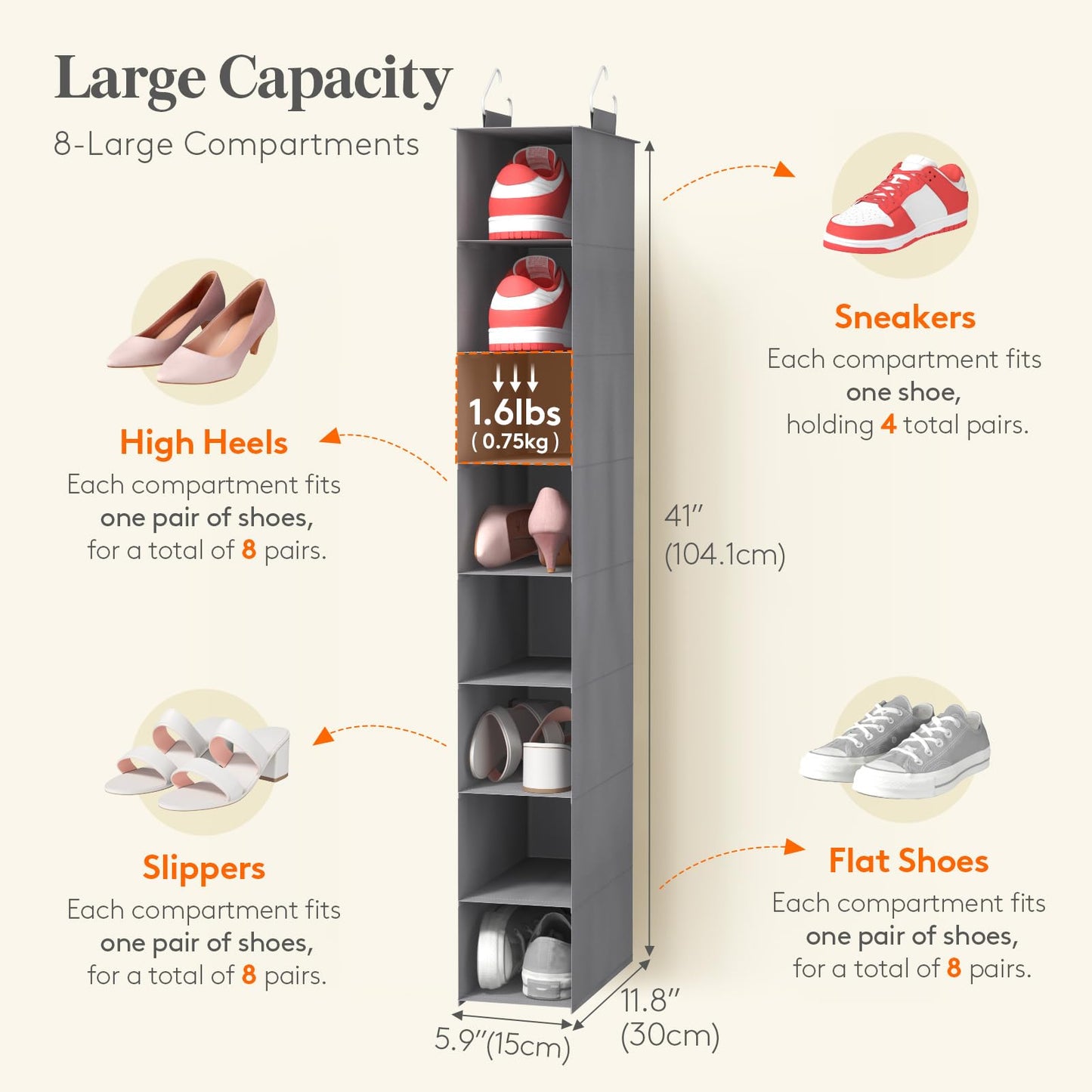 Lifewit 8 Section Hanging Shoe Storage Organizer for Closet Foldable, Gray