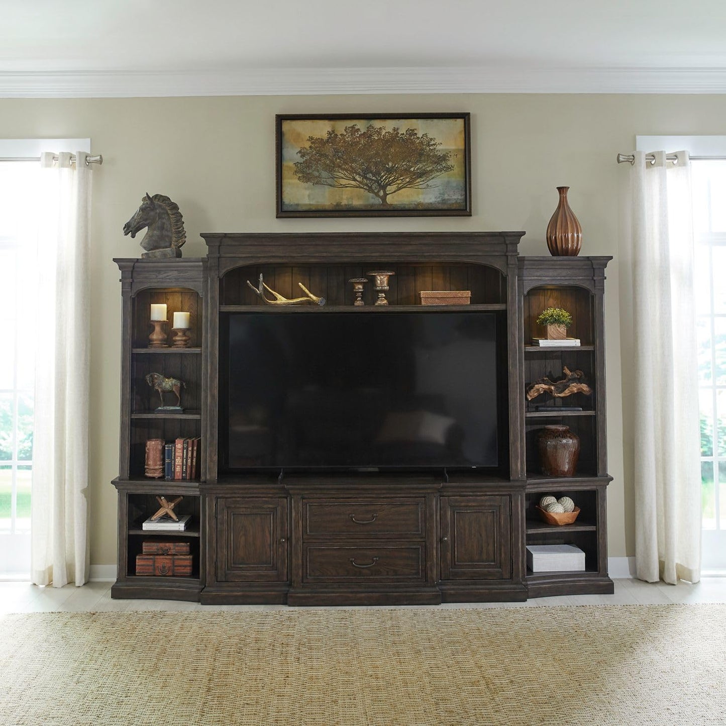 Liberty Furniture Paradise Valley Entertainment Center with Piers for Living Room - Saddle Brown