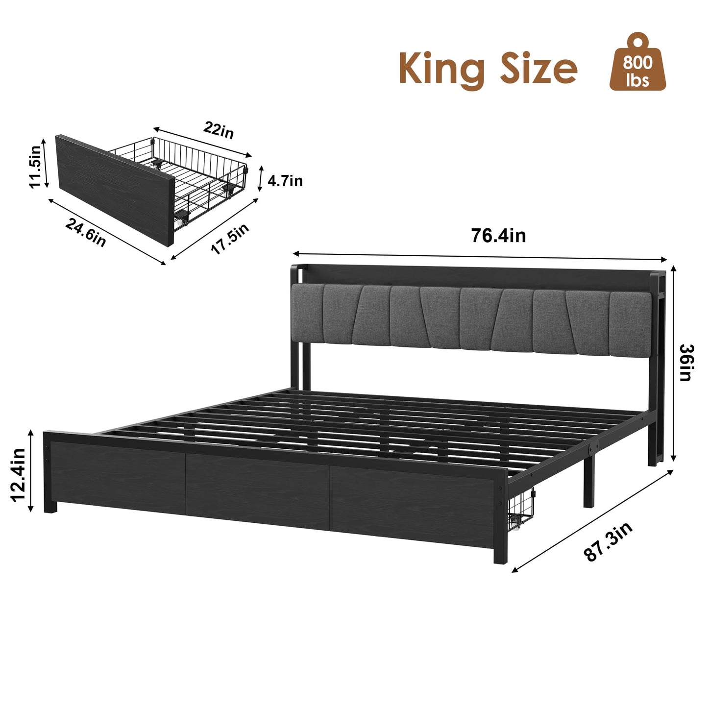 GarveeHome King Size Bed Frame with Storage Headboard, Black King Platform Bed with 2 Large Drawers and Charging Station, Industrial No Box Spring Needed Bedframe