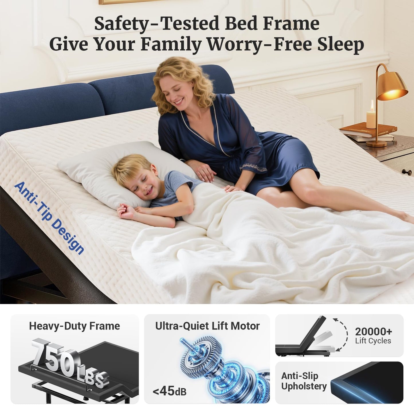 Tami Tami T450 Adjustable Bed Frame Split King (Sync Control as King) with Remote, Adjustable Base with Head&Foot Incline, Zero Gravity, Nightlight, Quiet Motor, Height-Adjustable Legs, Easy Assembly