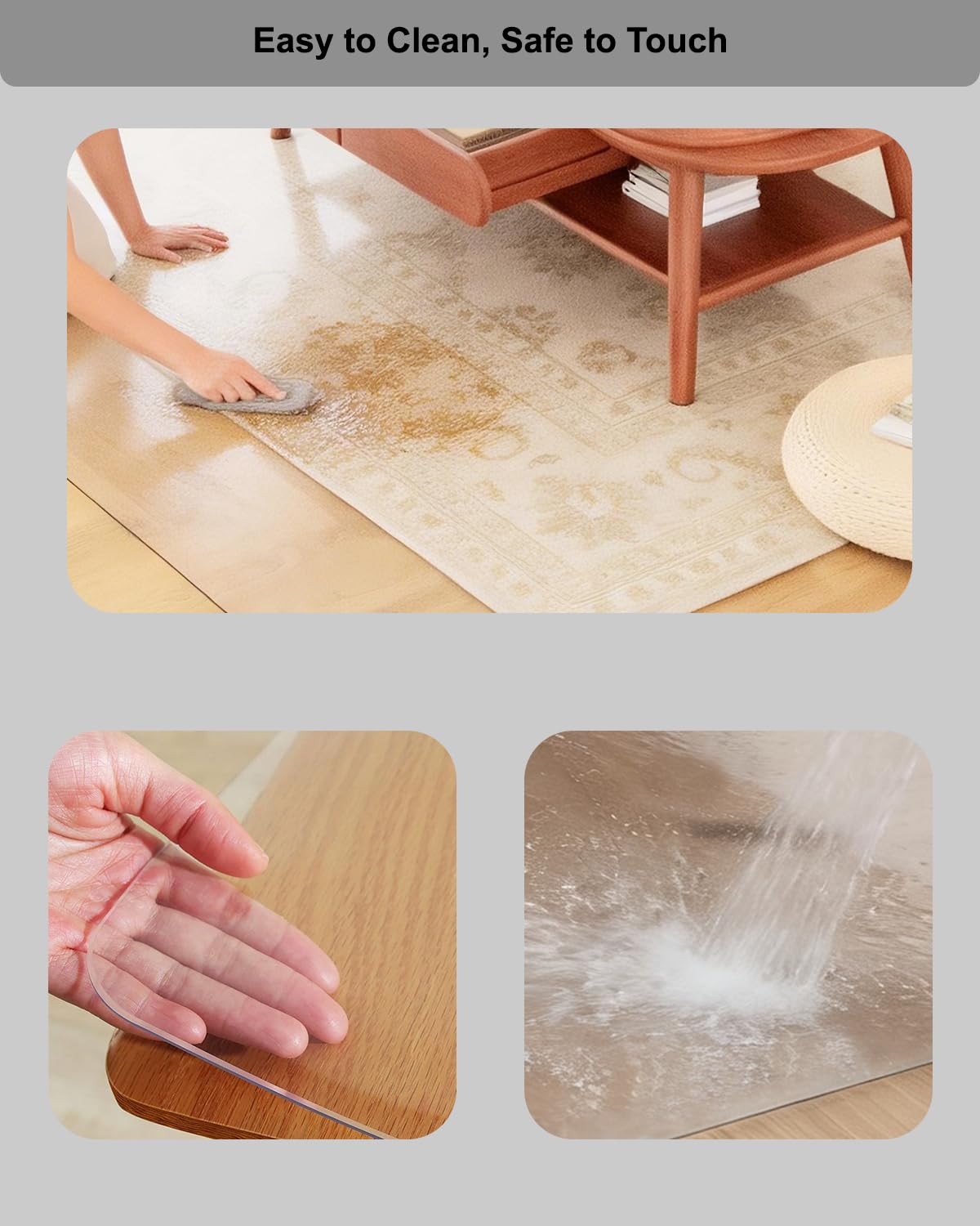 【16 Anti-Slip Stickers Included】3'×5' Clear Rug Protector Mat, Waterproof Vinyl Rugs for The Floor, Wipeable Vinyl Floor Mat for Under High Chair , Non Slip Clear Floors Protector for High Traffic