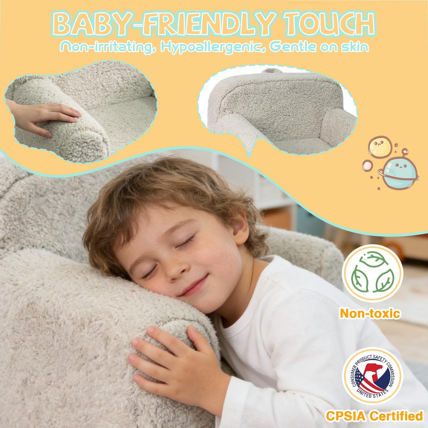 Pterying Toddler & Kids Chair Comfy for 1-3 Years Old, Toddler Couch with Washable Soft Sherpa Cover, Stable High-Resilience Foam Kid Sofa, Light Grey