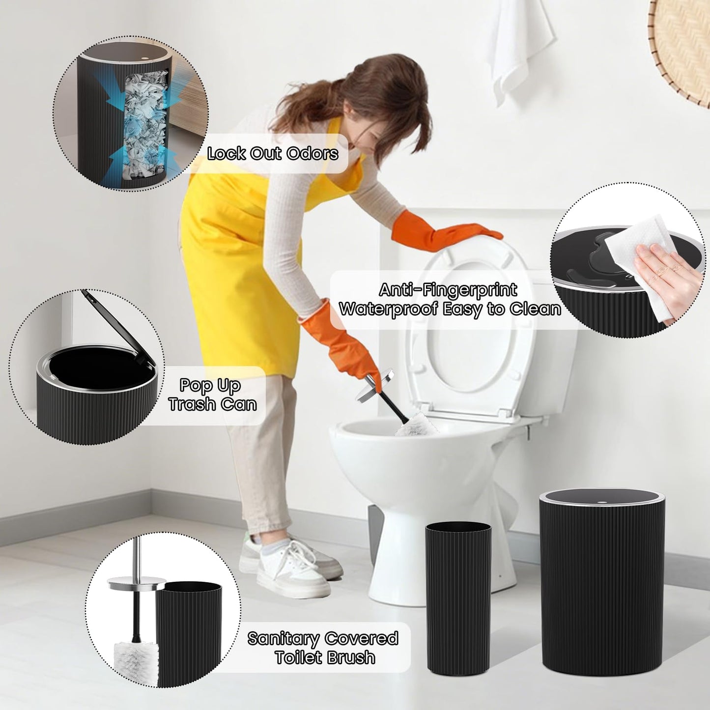 InnJoey Black Bathroom Accessories Set, 10PC Bathroom Trash Can Set