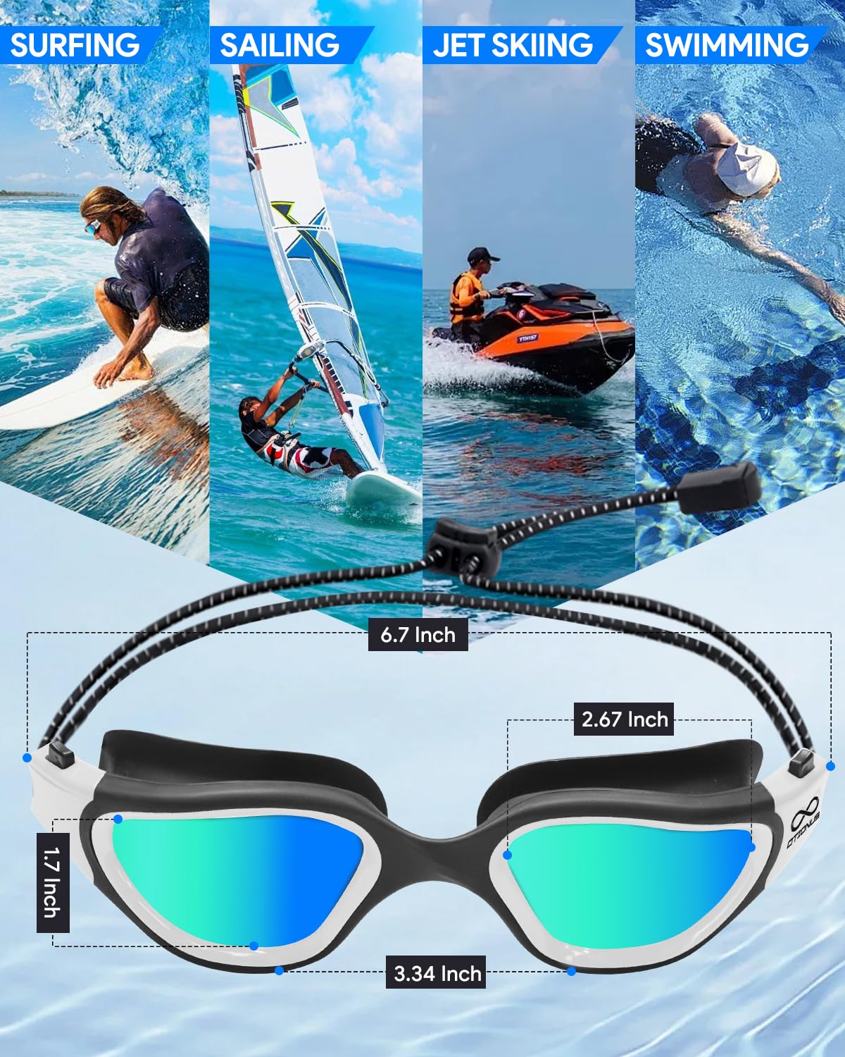 Otionus Swim Goggles, Polarized Adult Swimming Goggles Bungee Strap No Hair Pulling Anti-fog Pool Goggles for Men Women