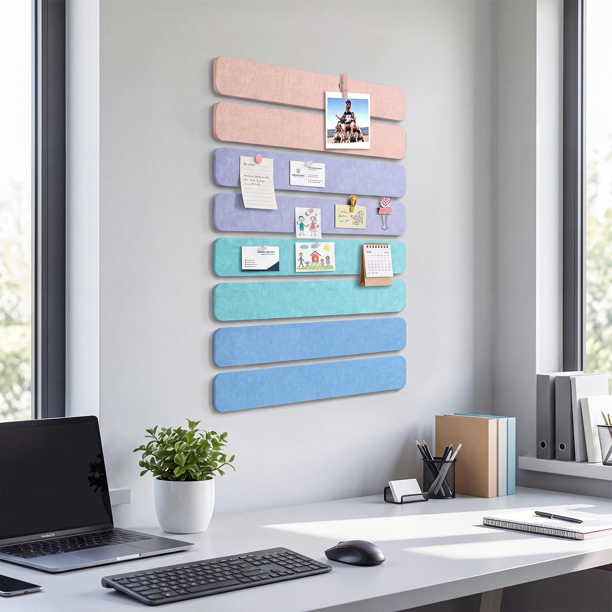 Thboxes 8 Pack Felt Bulletin Board Strips, 13x2 Inch Self Adhesive Felt Pin Boards with 50 Pushpins and 10 Wooden Clips Push Pins, Cork Board for Walls Home Office Decor(Soft Macaron)