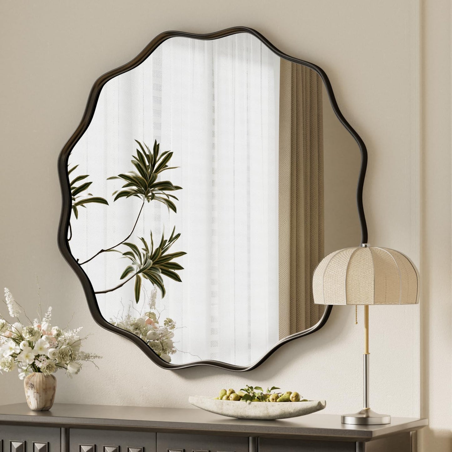 VooBang Black Scalloped Circle Mirror 30" Wavy Edge Round Wall Mirror