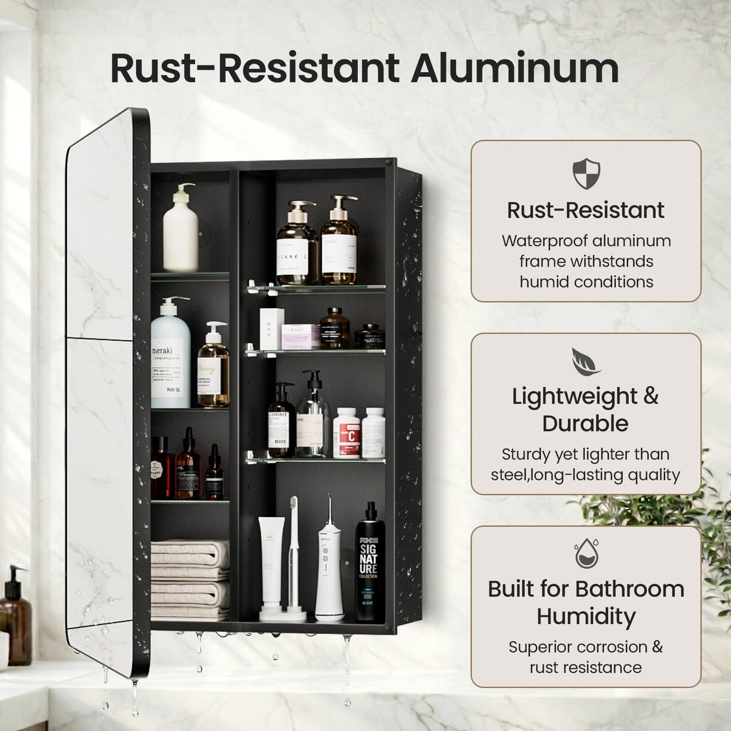 GoTiling 16x24 Medicine Cabinet with Mirror, Aluminum Bathroom Wall Organizer, Pre-Assembled, Center Partition for Tall Bottles, 6 Adjustable Shelves, Soft-Close, Recessed/Surface Mount, Matte Black