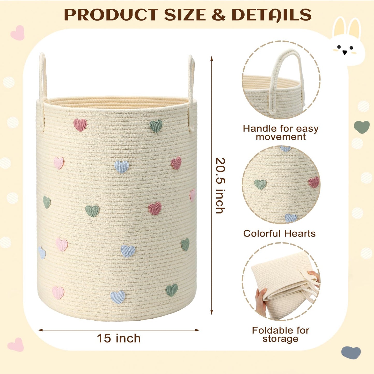 LemonRoad Macaron Heart Laundry Hamper Large Cotton Rope Storage Basket Woven Storage Bucket with Handles for Bathroom Bedroom Nursery Toy Clothes Organizer, 60 L