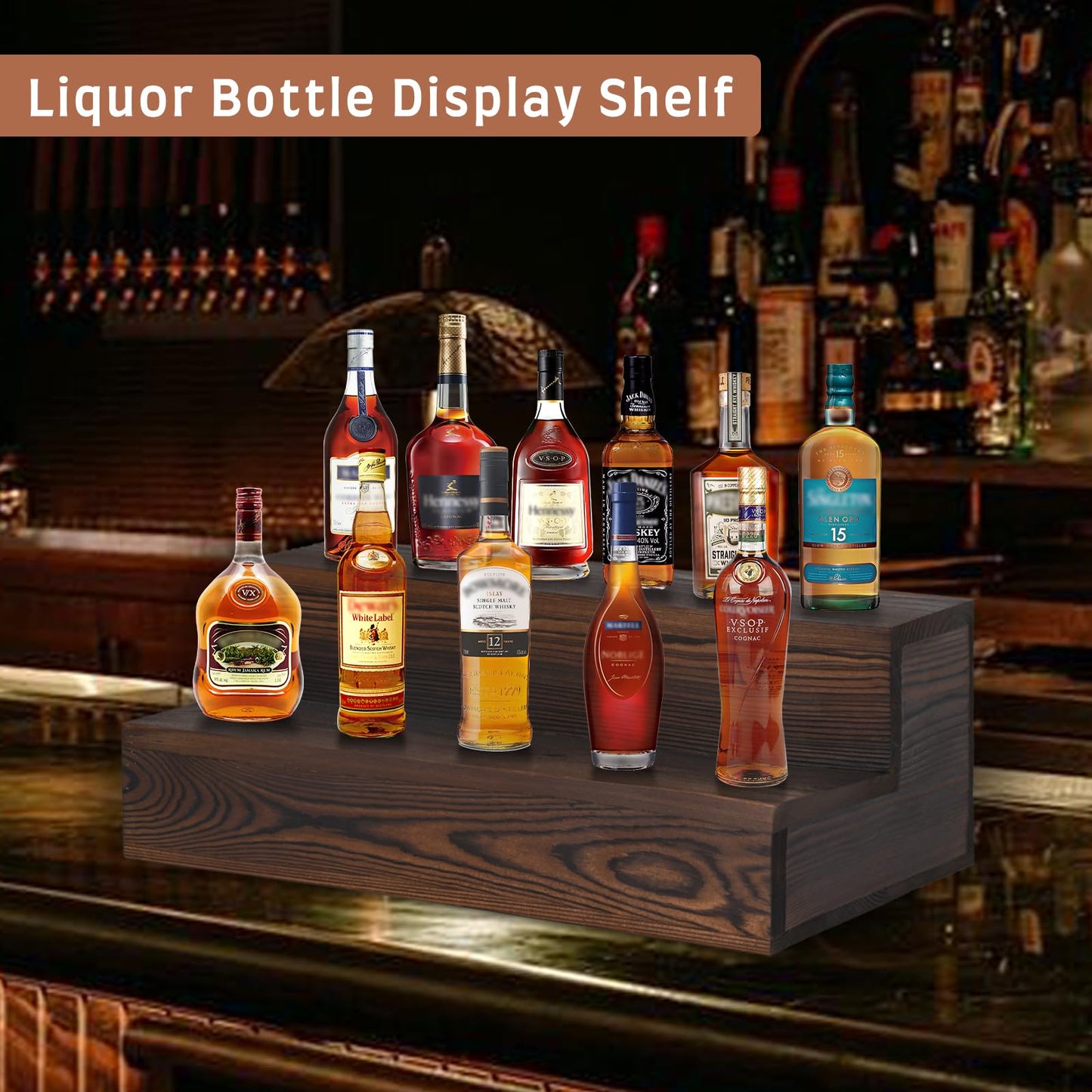 Liquor Bottle Display Shelf, 2 Pack Wood Bar Shelves, Tabletop Wine Rack, Bottle Stand for Liquor Display, Home Bar Display