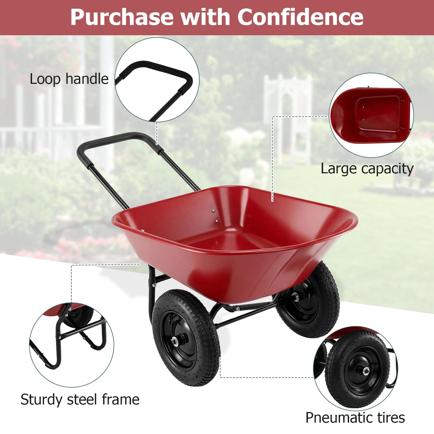 ERGOMASTER Dual-Wheel Wheelbarrow, Home Utility Garden Cart, Large Heavy Duty Yard Cart for Gardening (Red)