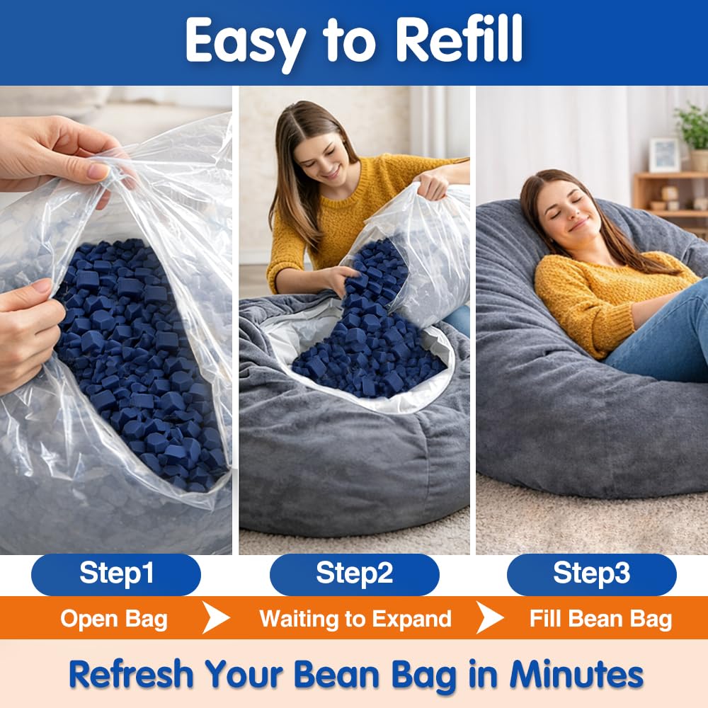 Welacer Bean Bag Filler, 15lbs Blue Memory Foam Filling for Beanbag Chair, Couch Cushions, Pillows, Dog Beds, Pouf Ottoman, Punching Bag Filler, Grappling Dummy, Packing Peanuts Replacement