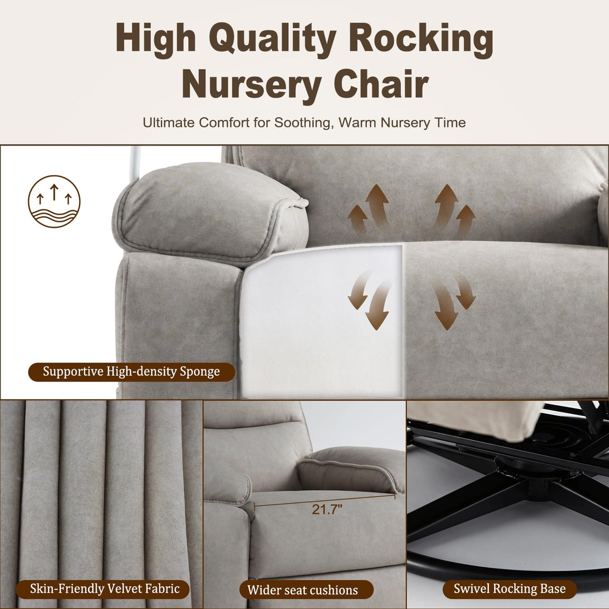 DEPSIS 360° Swivel Glider Rocking Chair Nursery， Oversized Recliner with Phone Holder，Nursing Chairs for Breastfeeding with Wide Foot Rest for Living Room and Baby Room,Beige