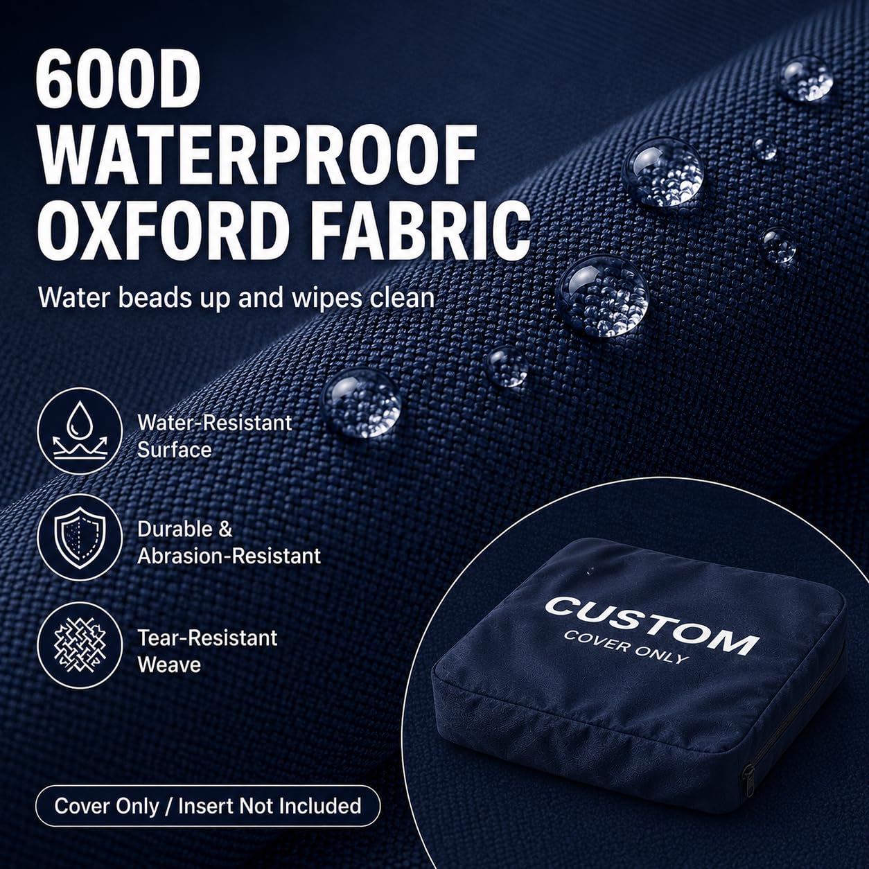 Custom Size Waterproof Cushion Covers with Zipper, Made to Measure Outdoor Patio Furniture Cushion Cover Replacement, 600D Oxford Bench Chair Sofa Seat Slipcover, Cover Only, Any Size & Shape