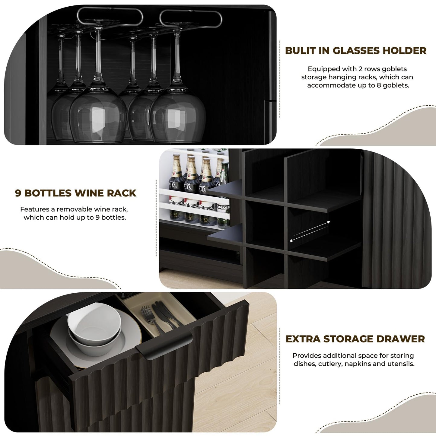 Aauro Home Coffee Bar Cabinet with Fridge (Fridge Included), Fluted Wine Bar Cabinet with Wine Rack and Glass Holder, Buffet Sideboard Table Liquor Cabinet with Drawer & Storage, Home Bar, Black