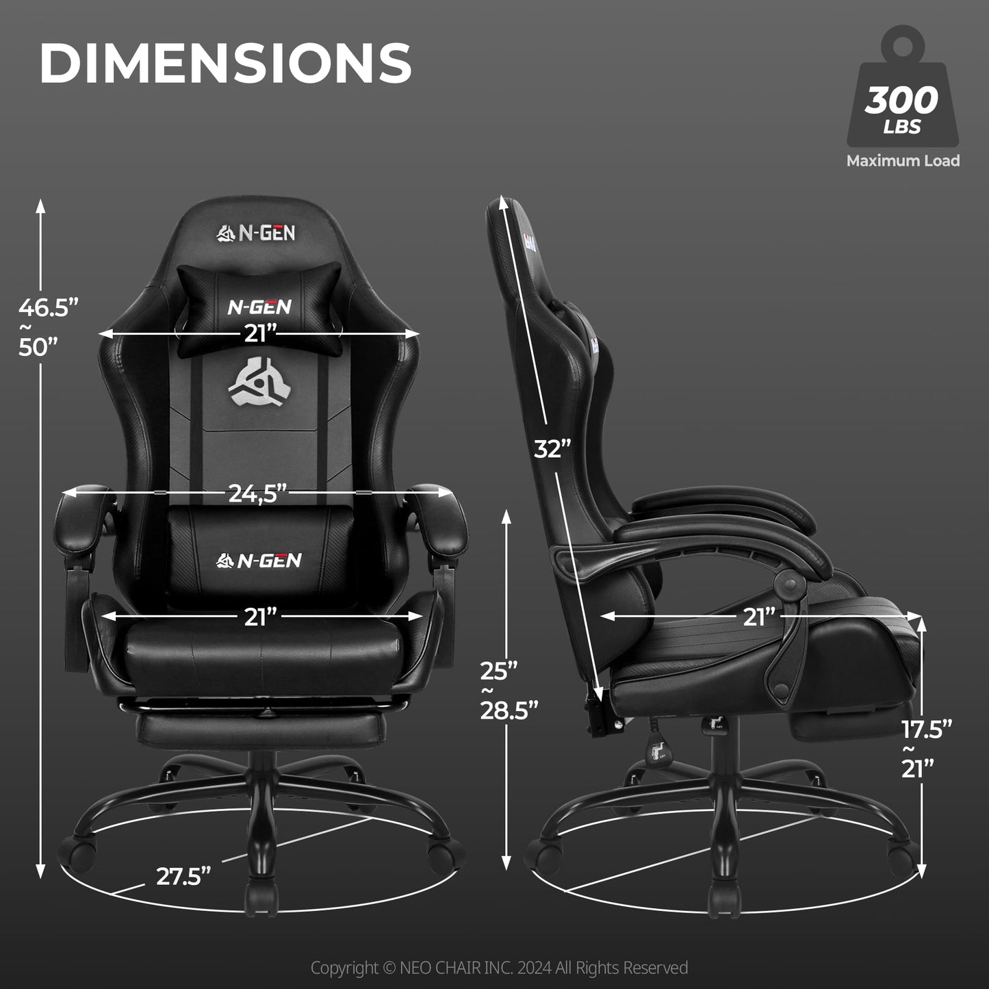 N-GEN GAMING Video Gaming Chair with Footrest Lumbar Support for Home Office High Back Recliner Height Adjustable Ergonomic Comfy Leather Computer Desk Chair (Deep Black)