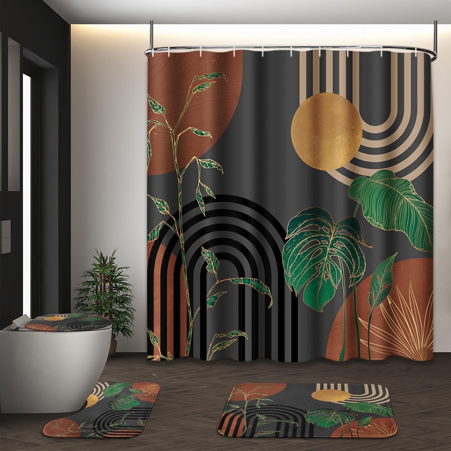 Tayney Bathroom Sets with Shower Curtain and Rugs, 4 Pcs, Boho Retro