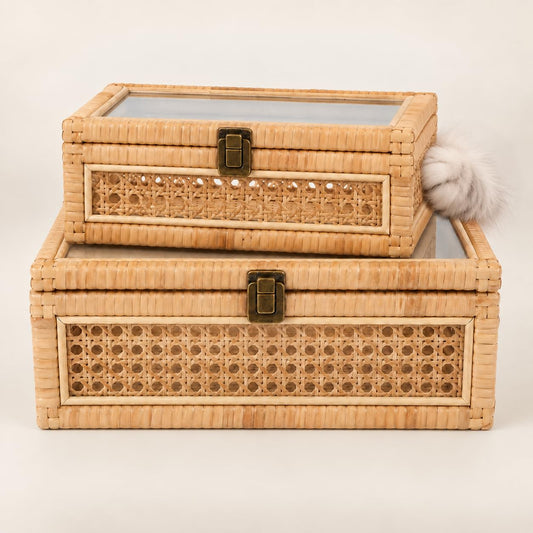 Rattan Decorative Storage Boxes Rectangular Display Basket with Glass Lid