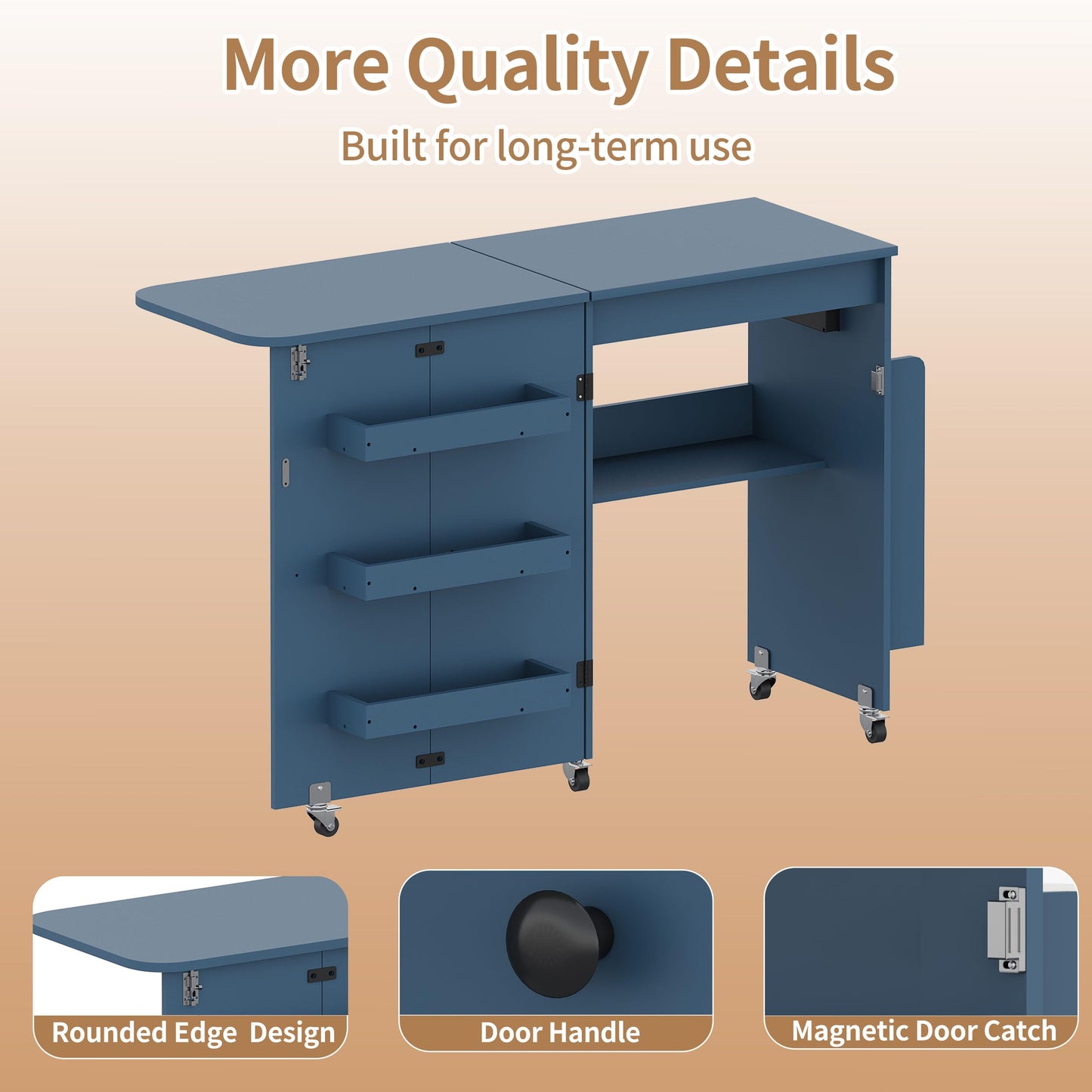 DUDUSHIMAN Sewing Table with Storage, Folding Sewing Table with Charging Station/Shelves,Lockable Casters, Sewing Machine Desk for Home Apartment, Studio (Navy Blue)