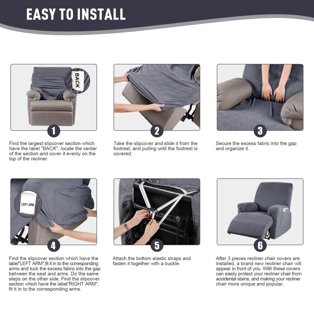 KinCam Recliner Chair Covers, Stretch Reclining Cover, Dark Gray