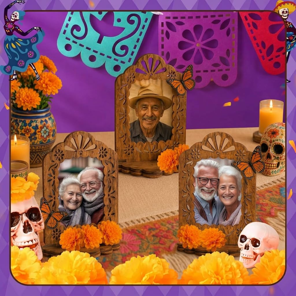 GAGEC 10Pcs Dia De Los Muertos Picture Frame Ofrenda Frame Day of The Dead Photo Frame Wooden Shadow Box 30 Artificial Marigold Flower 20 Butterfly for Day of The Dead Decoration