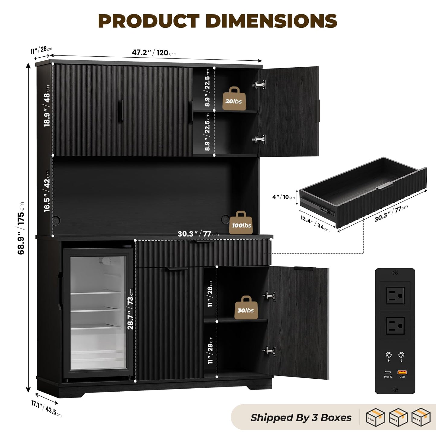 Aauro Home 69" Kitchen Pantry with Fridge (Fridge Included), Fluted Coffee Bar Cabinet with LED Lights & Outlets, Tall Wine Bar Cabinet with Drawer & Storage Hutch for Living Room, Dining Room, Black