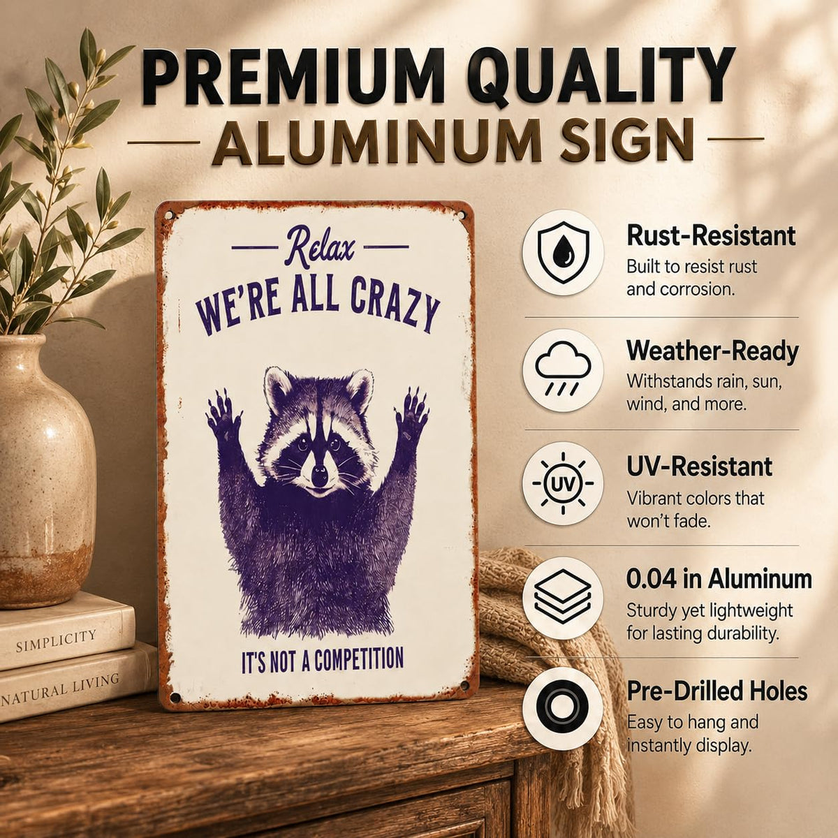 Relax We're All Crazy Raccoon Metal Sign 8x12 Inch, Funny Garage Decor