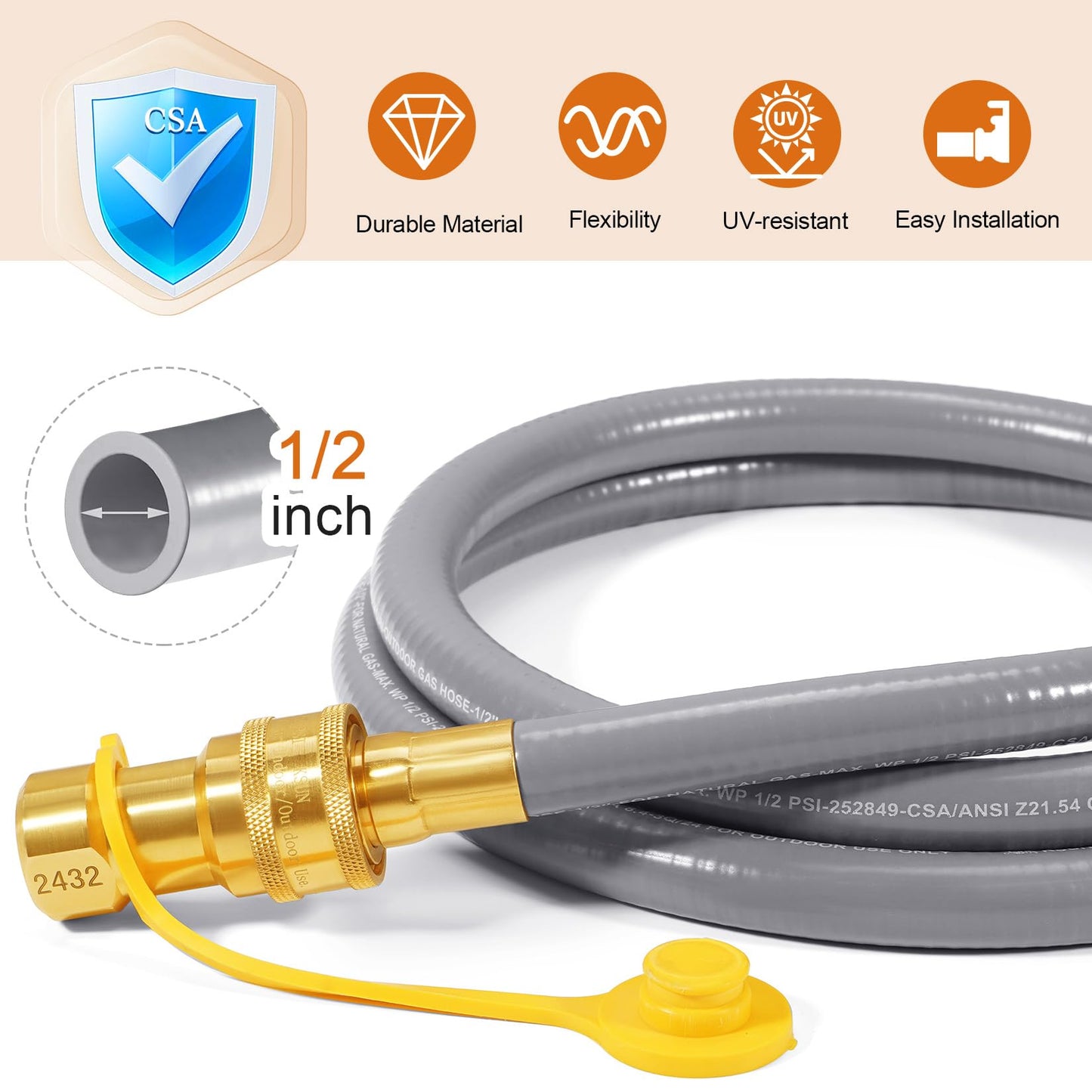 GasSaf 6 FT 1/2" ID Natural Gas Hose with Quick Connect Fitting, Natural Gas Conversion Kit for Gas Grill, Generator, Patio Heater and More - CSA Certified