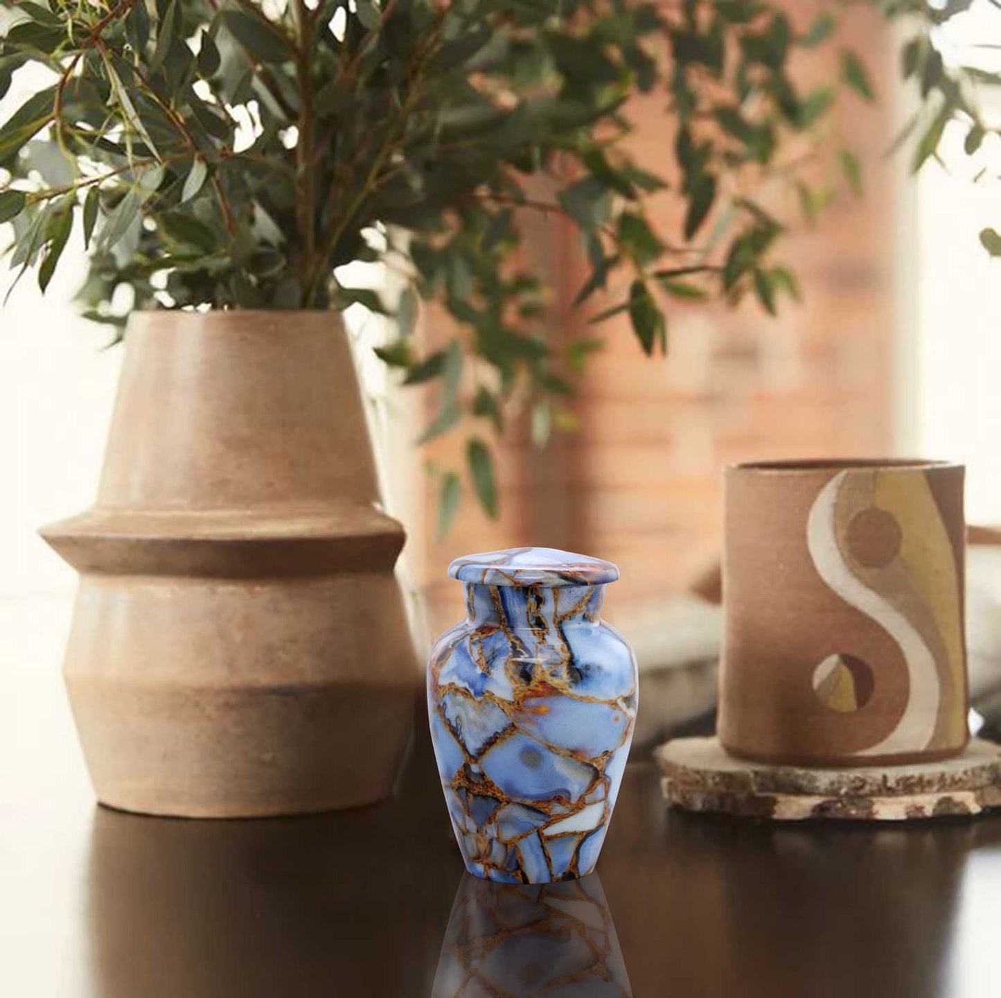 Small Keepsake Cremation Urns for Human Ashes - Marble Finish Metal Keepsake Urn - Mini Cremation Urn for Pet Ashes - Handcrafted Memorial Urn - Funeral Urns with Velvet Bag (Luxury Blue)