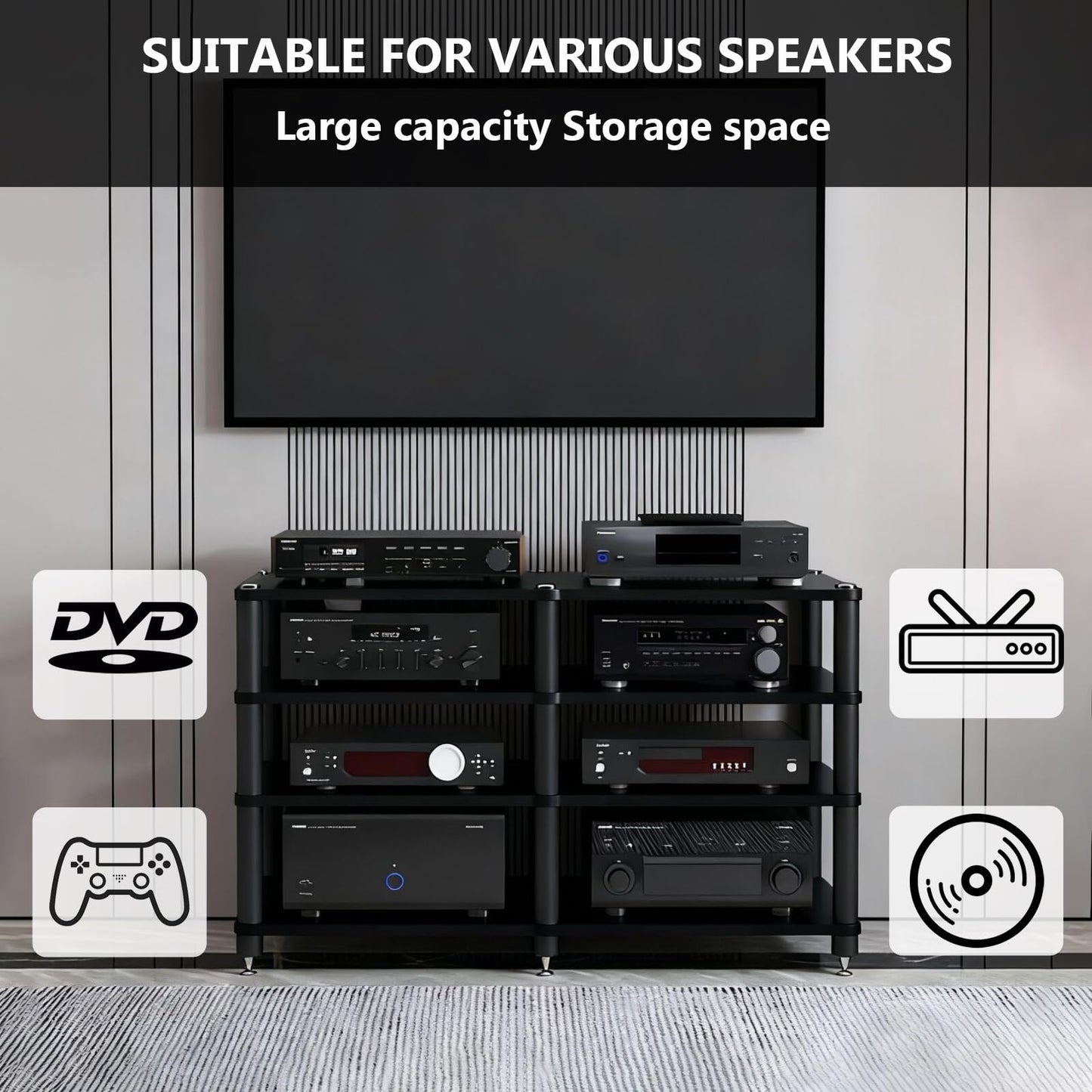 RAJYQODIS Heavy Duty AV Media Stand, Multifunctional Stacking Audio Component Rack with Shock-Absorbing Foot pegs, Audio Stand for Home Theater Studio (Teak, Third Floor)