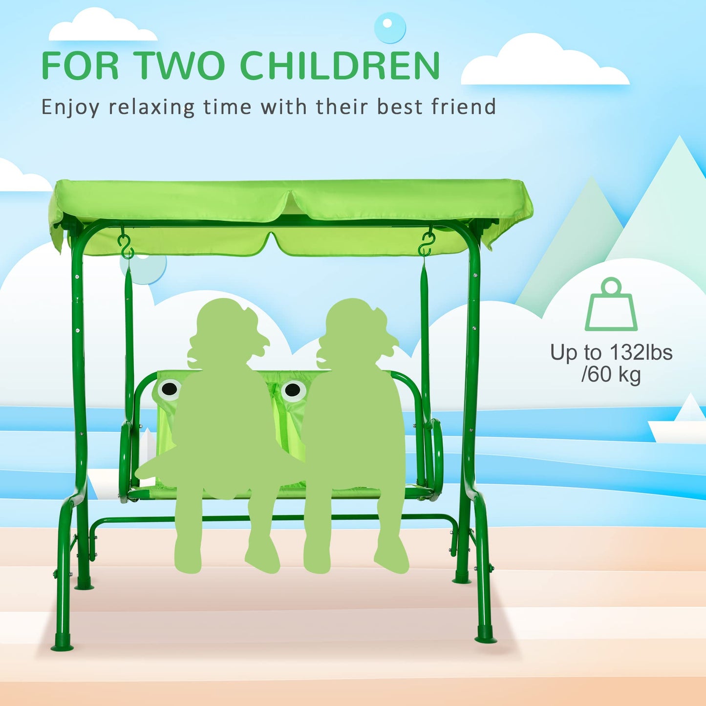 Outsunny Kids Patio Swing, 2-Seater Outdoor Swing Chair with Adjustable Canopy and Safety Belt, Frog Pattern Hanging Swing Bench for Garden or Backyard, Green