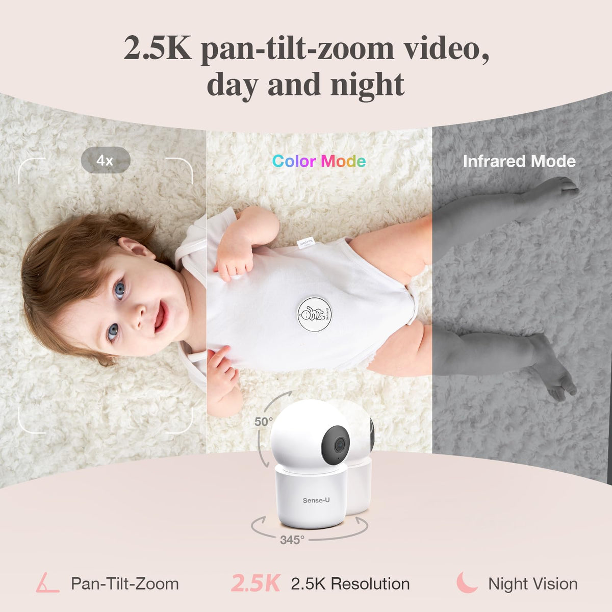 Sense-U AI 2.5K PTZ Baby Camera Monitor with Sensor-Free Sleep Movement Detection, Smart Security Indoor Video Camera with Background Audio, Cry Detection, No Monthly Fee, for Peace of Mind