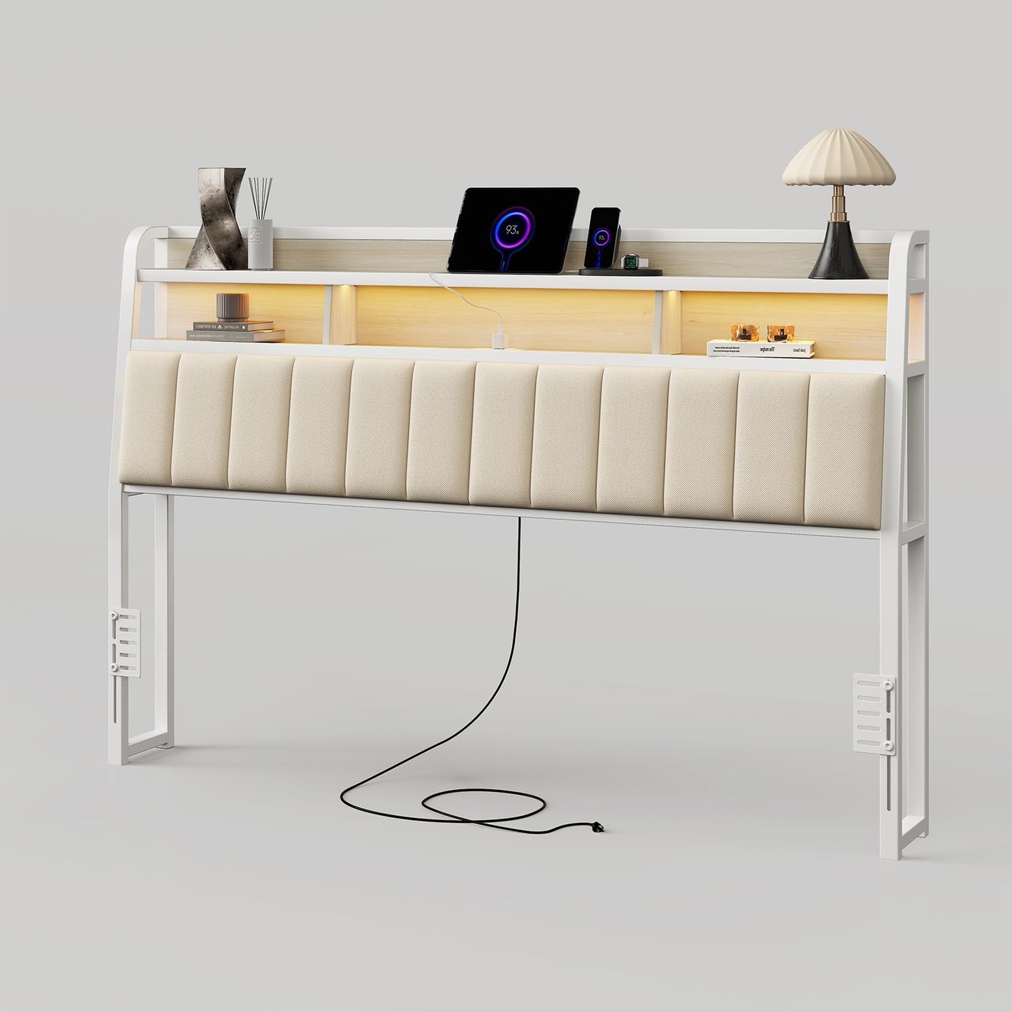 Lefurture King Headboard Only with Storage, Upholstered Headboards for King Size Bed with LED Light, Charging Station, Height Adjustable, Sturdy and Stable Headboard, Off White