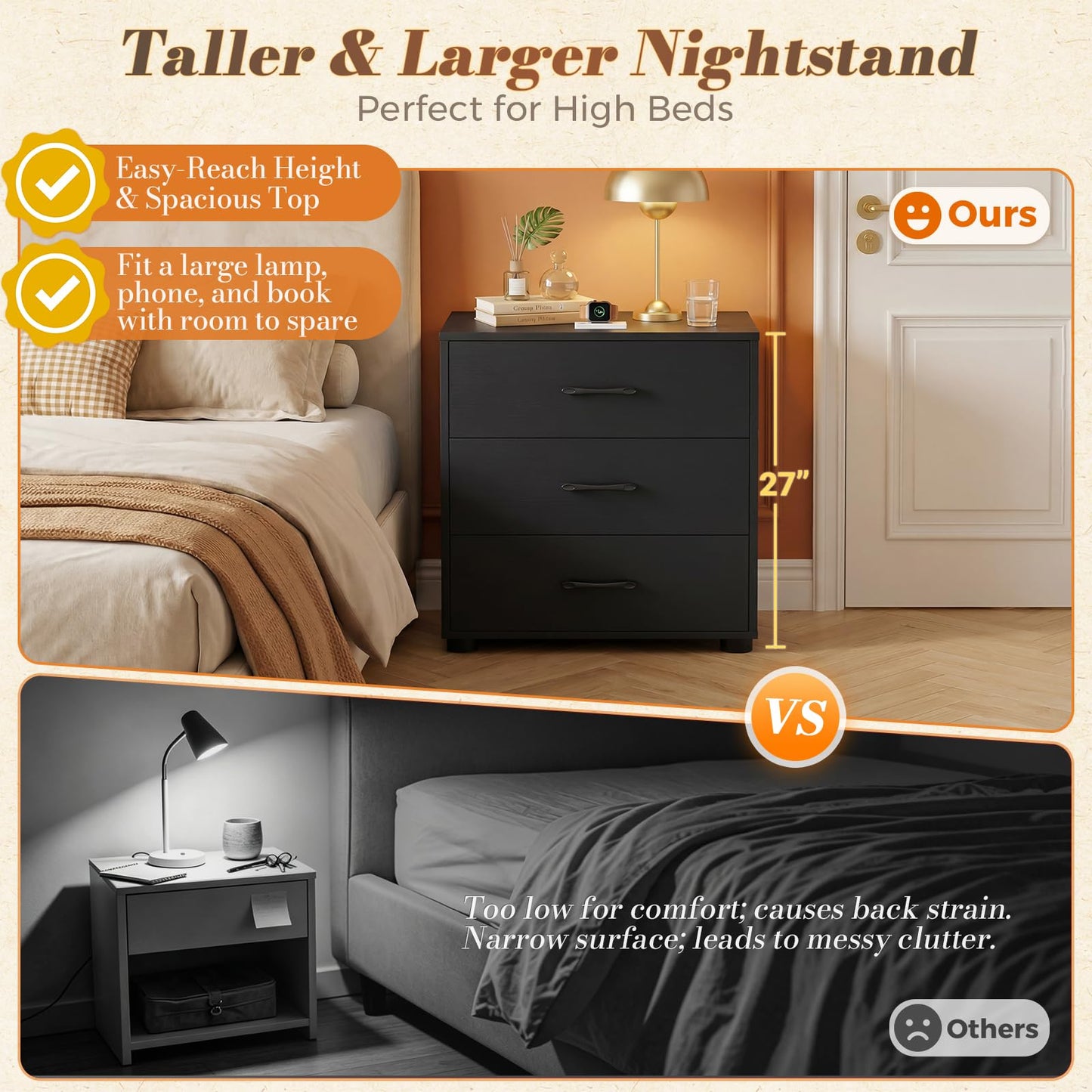 Aheaplus Night Stand with Charger Station, 21.7'' Nightstands with Wooden 3 Drawers, Large Bedside Table, Modern End Table, for Bedroom, Black