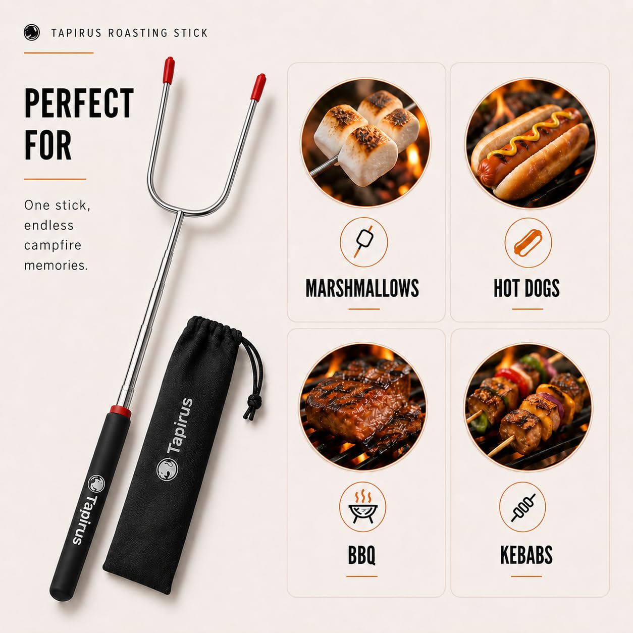 Tapirus Marshmallow Roasting Sticks | Set of 4 Extra Long Retractable Campfire Sticks | Protect Kids with Insulated Handles | Extendable Smore & Hot Dog Skewers | Heavy Duty Metal Camping Accessory