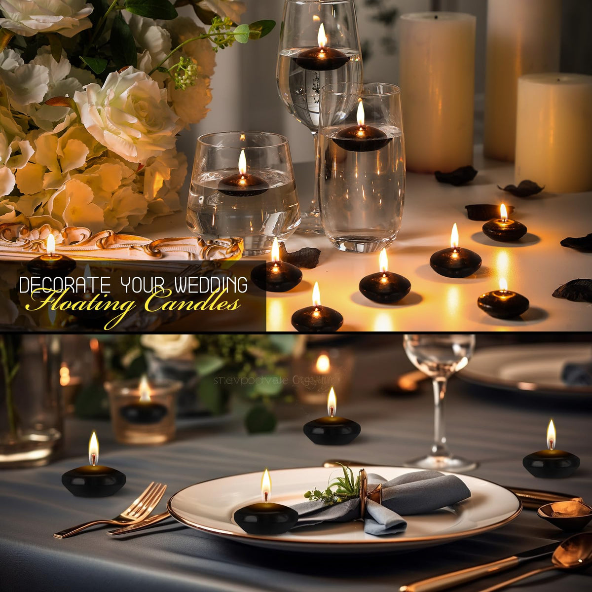 Nuanchu 20 Pcs 1.5 Inch Black Floating Candles, Unscented for Centerpieces
