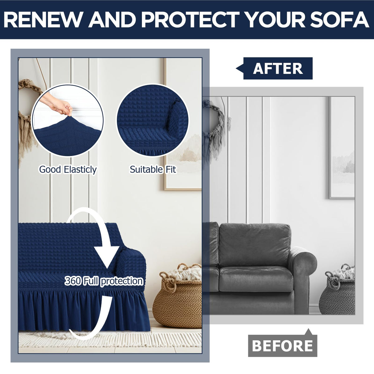 Fanfanwin 2 Pcs Sofa and Loveseat Slipcover Set with Skirt, Navy Blue