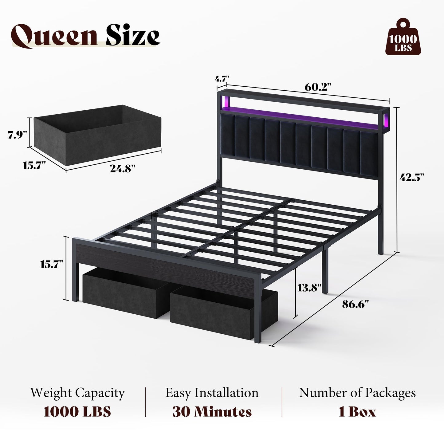 AMERLIFE Queen Bed Frame with LED Lights & 2-Tier Storage Headboard