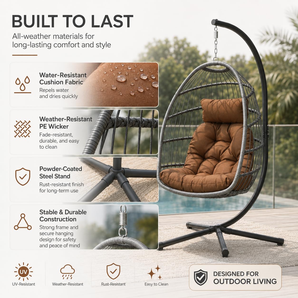UELKS Egg Swing Chair with Stand, Indoor Outdoor Hanging Egg Chair with Thickened Metal Frame and Cushion, Foldable Patio Wicker Swinging Hammock Chair for Bedroom, Porch, Garden, Balcony